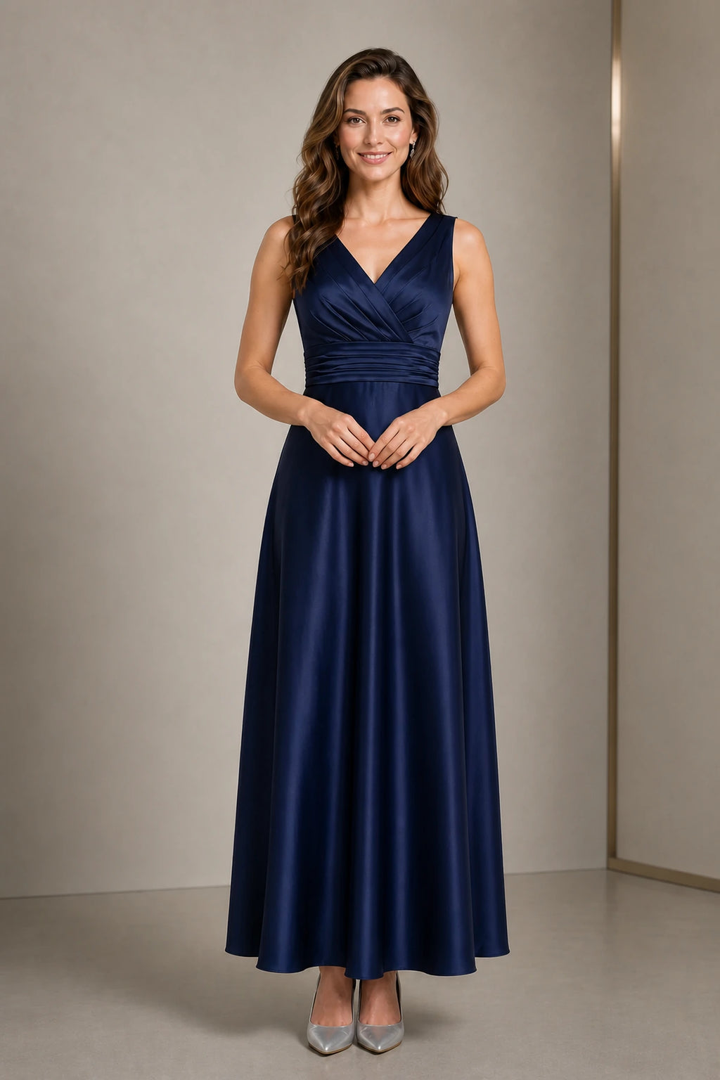 Flattering a-line v-neck sleeveless v-back long mother of the bride dress