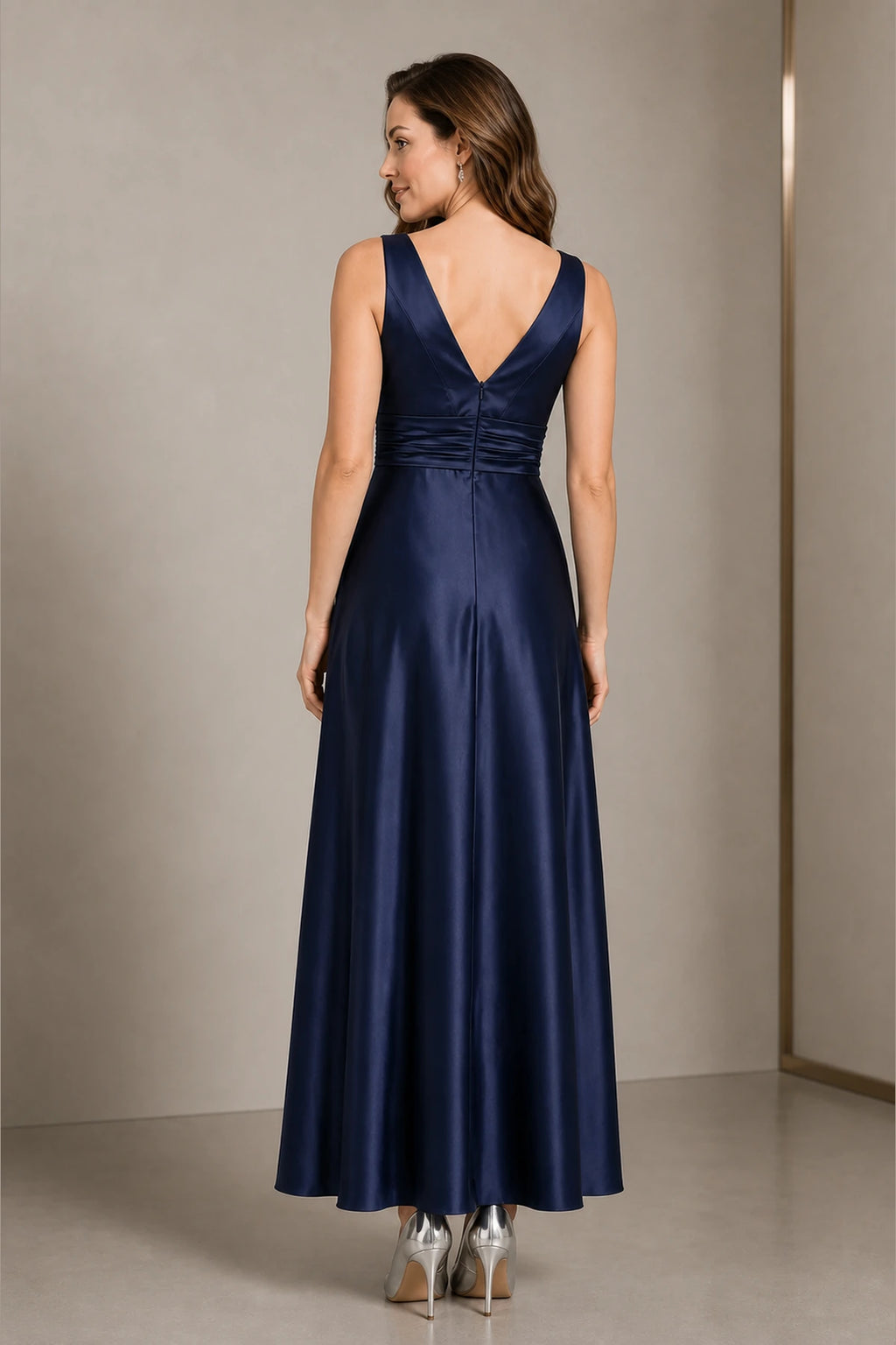 Graceprom navy mother gown, sleeveless deep v-back, satin floor length a-line mother of the bride dress back view