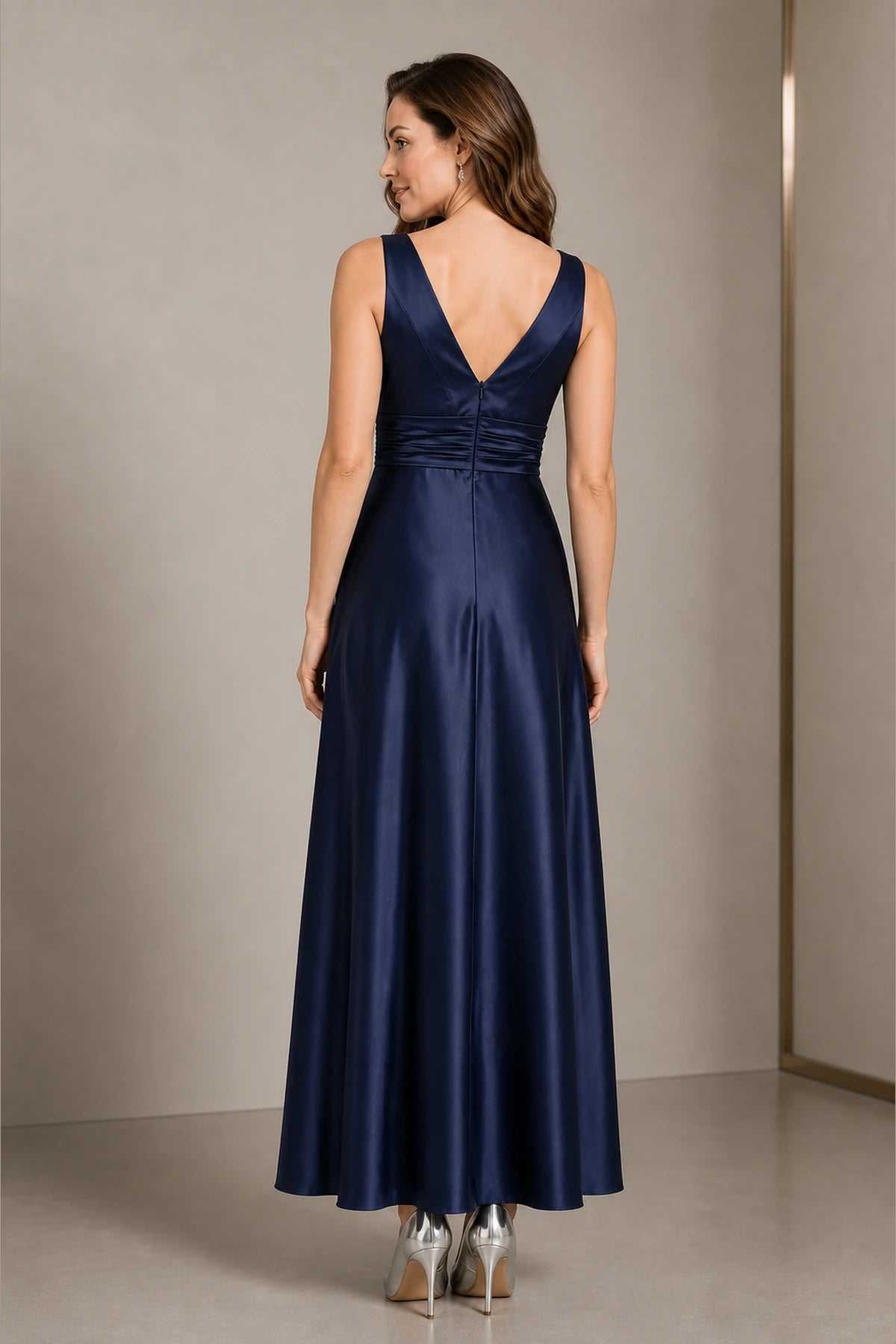Graceprom navy mother gown, sleeveless deep v-back, satin floor length a-line mother of the bride dress back view