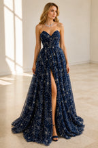 Dreamy A-Line Sweetheart Strapless Low Back Floor Length Prom Dress