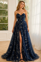 Dreamy A-Line Sweetheart Strapless Low Back Floor Length Prom Dress