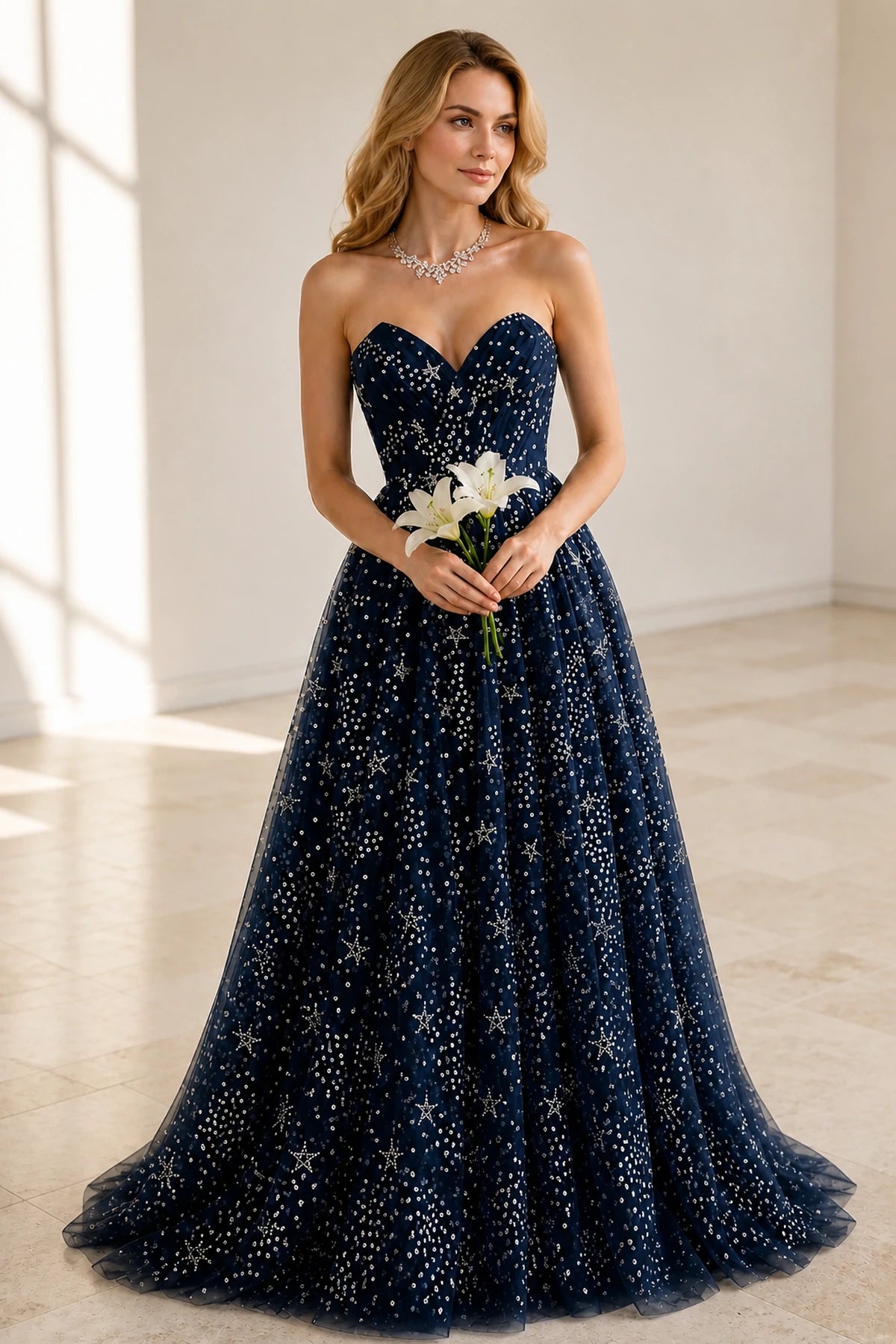 Dreamy A-Line Sweetheart Strapless Low Back Floor Length Prom Dress