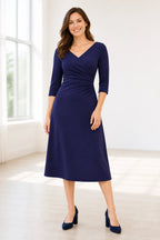 Navy A-line mother of the bride dress with V-neck, three-quarter sleeves and ruched waist by GraceProm