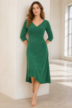 Polished A-Line V-Neck Three-Quarter-Sleeve Zipper-Back Midi Mother of the Bride Dress