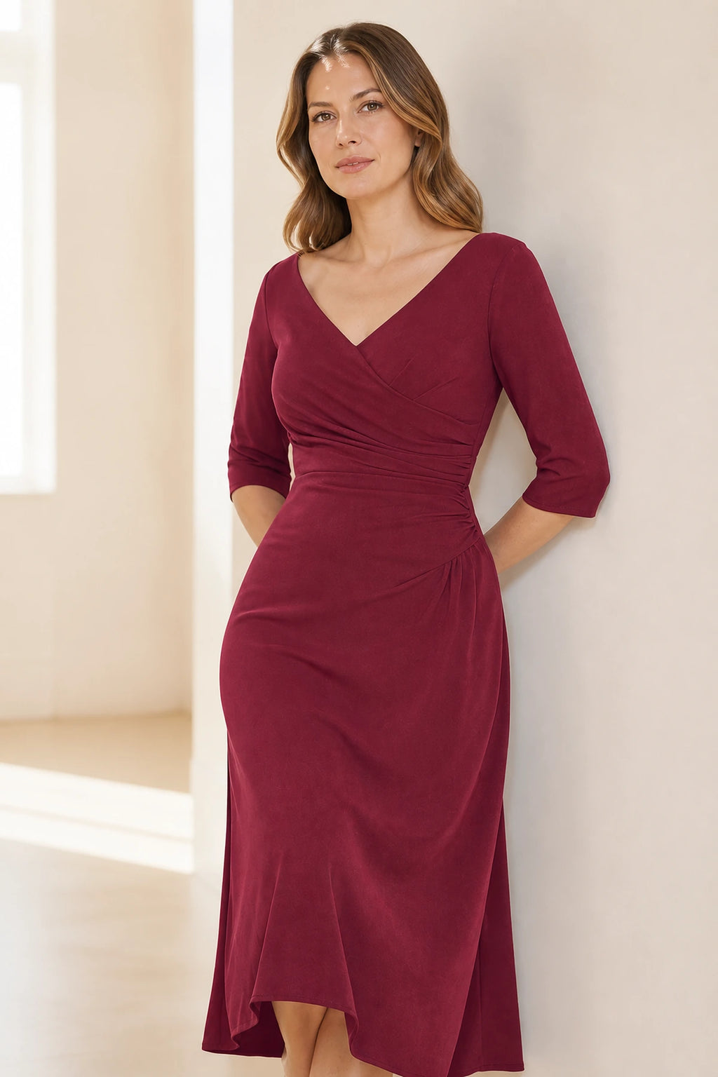 Polished A-Line V-Neck Three-Quarter-Sleeve Zipper-Back Midi Mother of the Bride Dress