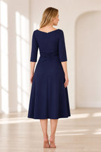 Back view of navy midi mother of the bride dress with three-quarter sleeves and zipper back by GraceProm