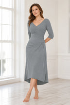 Polished A-Line V-Neck Three-Quarter-Sleeve Zipper-Back Midi Mother of the Bride Dress