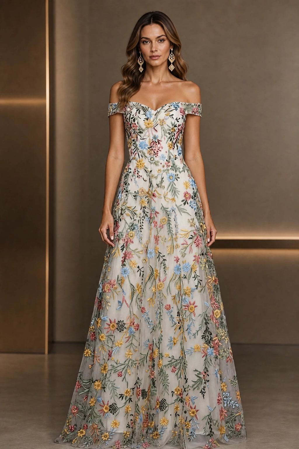 Romantic A-Line Sweetheart Off-Shoulder Embroidered Floor-Length Wedding Guest Dress