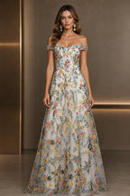 Romantic A-Line Sweetheart Off-Shoulder Embroidered Floor-Length Wedding Guest Dress