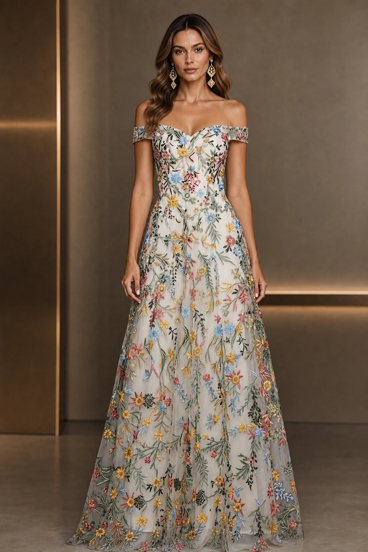 Romantic A-Line Sweetheart Off-Shoulder Embroidered Floor-Length Wedding Guest Dress