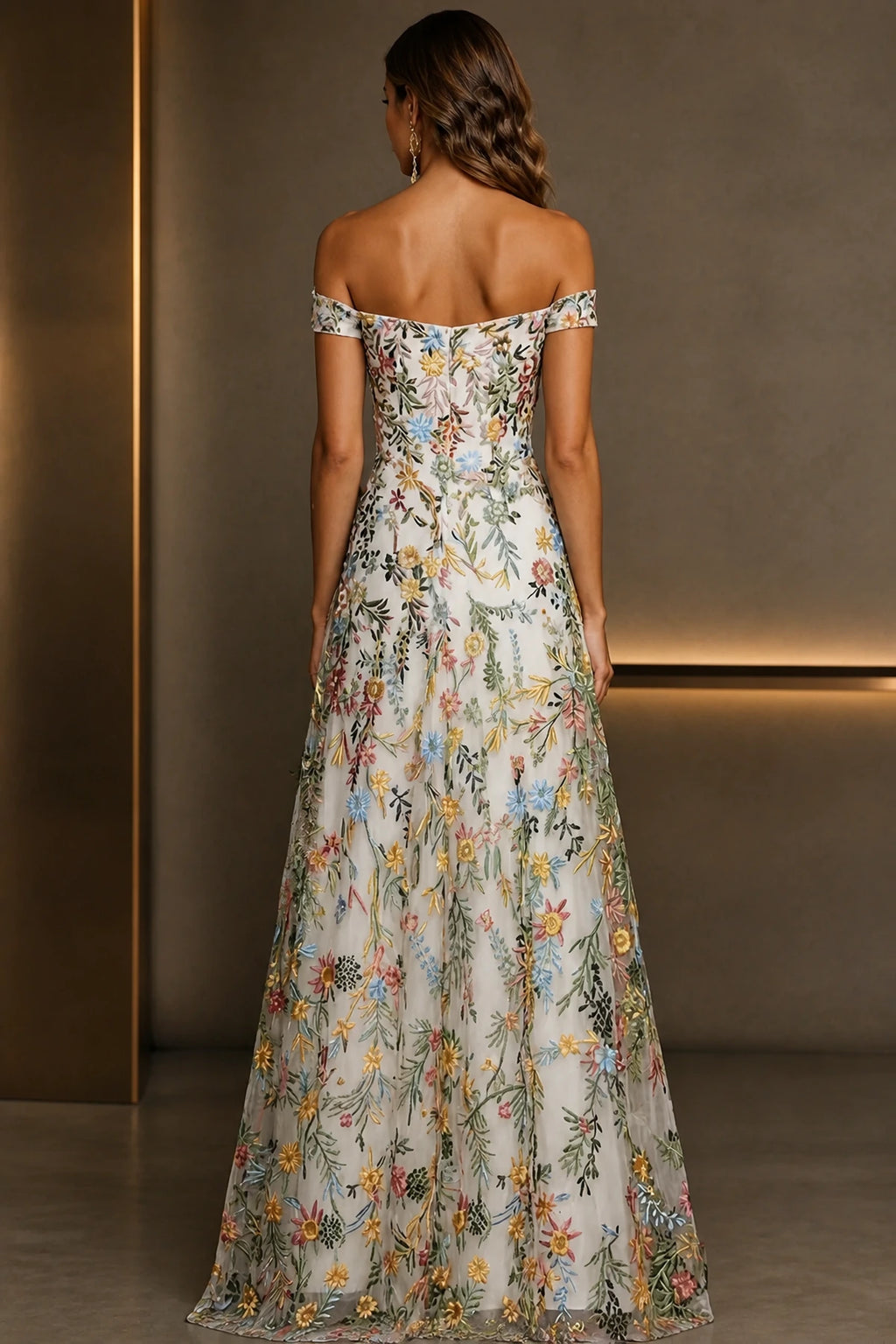 Romantic A-Line Sweetheart Off-Shoulder Embroidered Floor-Length Wedding Guest Dress