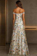 Romantic A-Line Sweetheart Off-Shoulder Embroidered Floor-Length Wedding Guest Dress