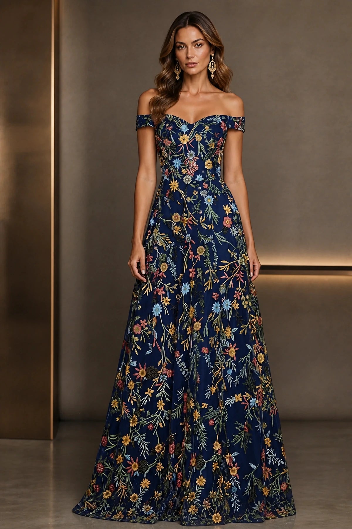 Romantic A-Line Sweetheart Off-Shoulder Embroidered Floor-Length Wedding Guest Dress