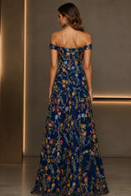 Romantic A-Line Sweetheart Off-Shoulder Embroidered Floor-Length Wedding Guest Dress