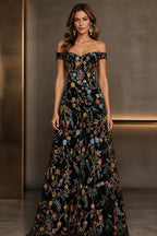 Romantic A-Line Sweetheart Off-Shoulder Embroidered Floor-Length Wedding Guest Dress