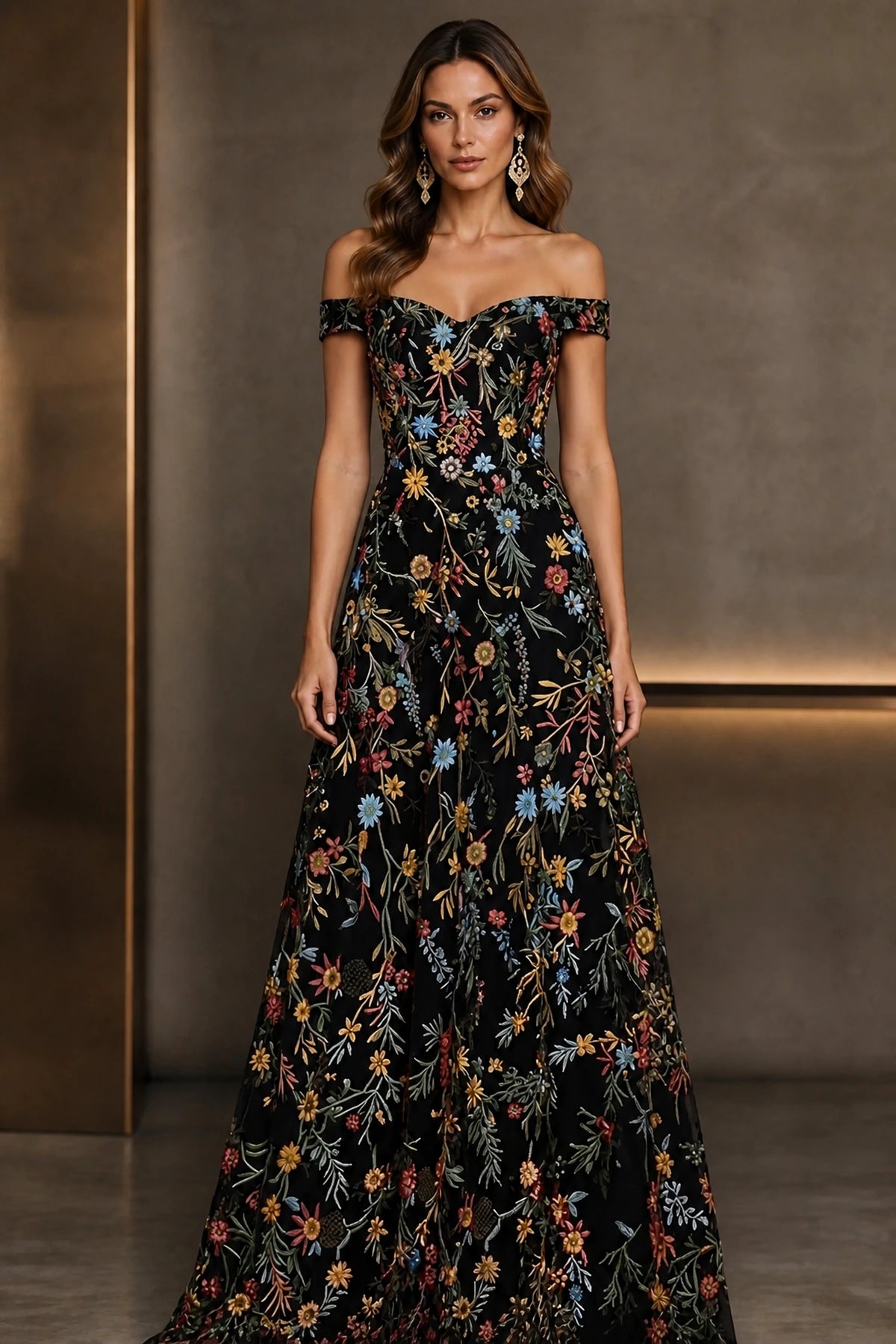 Romantic A-Line Sweetheart Off-Shoulder Embroidered Floor-Length Wedding Guest Dress