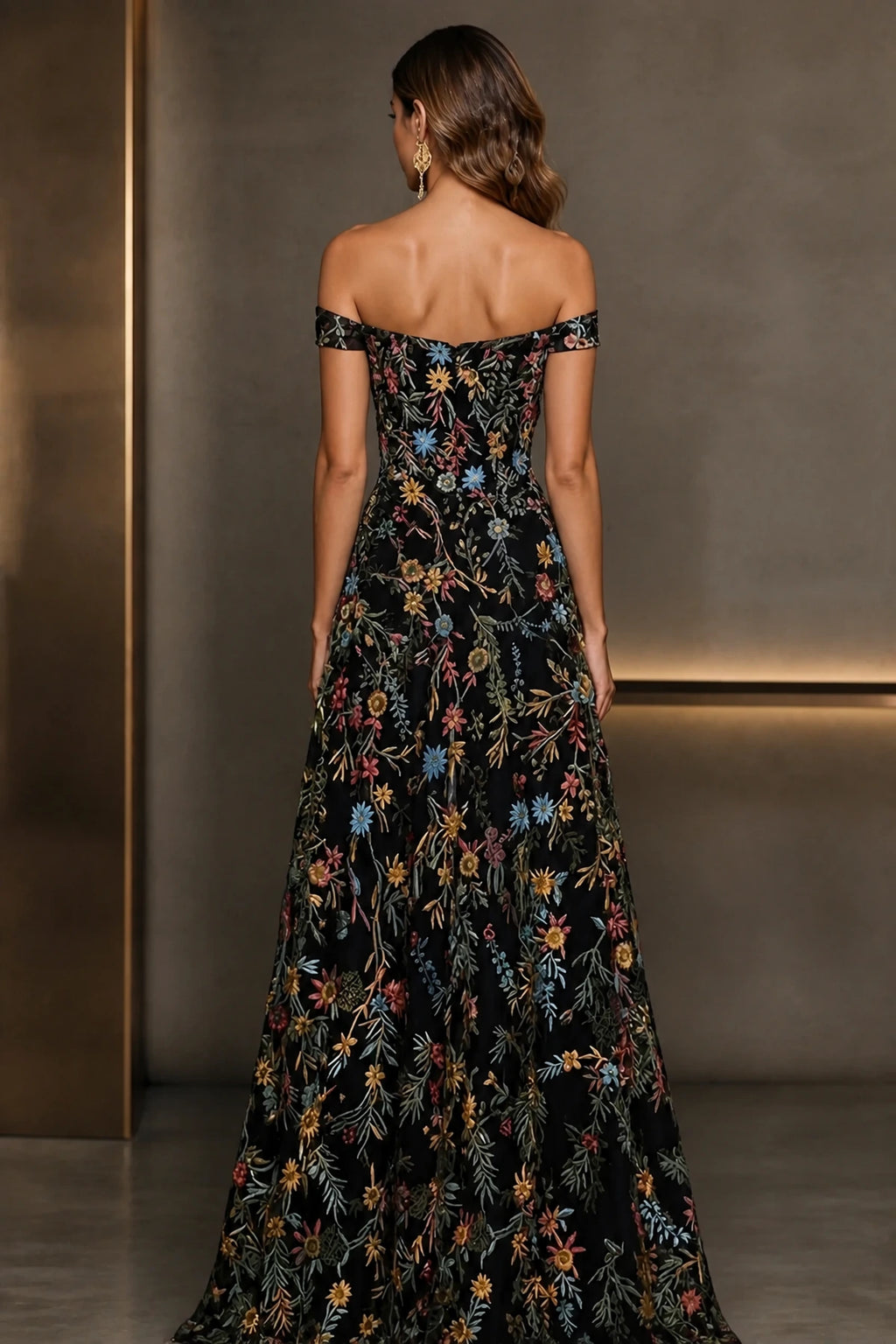 Romantic A-Line Sweetheart Off-Shoulder Embroidered Floor-Length Wedding Guest Dress