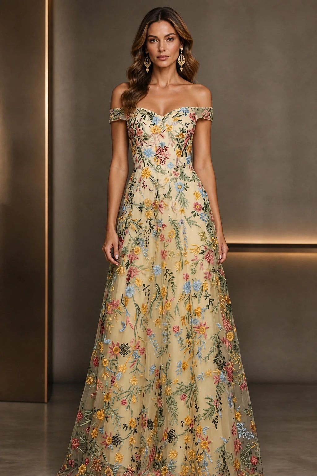 Romantic A-Line Sweetheart Off-Shoulder Embroidered Floor-Length Wedding Guest Dress
