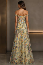 Romantic A-Line Sweetheart Off-Shoulder Embroidered Floor-Length Wedding Guest Dress
