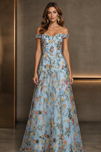 Romantic A-Line Sweetheart Off-Shoulder Embroidered Floor-Length Wedding Guest Dress