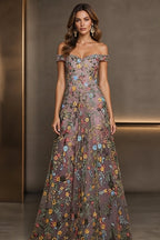 Off shoulder floral embroidered A-line wedding guest dress by GraceProm