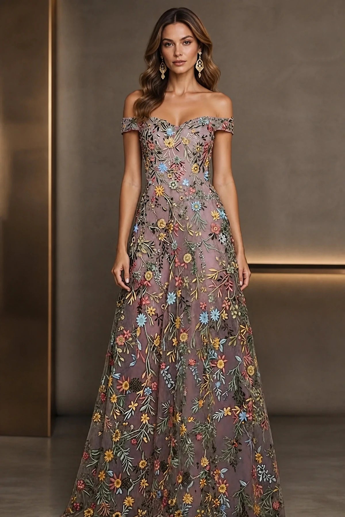 Off shoulder floral embroidered A-line wedding guest dress by GraceProm