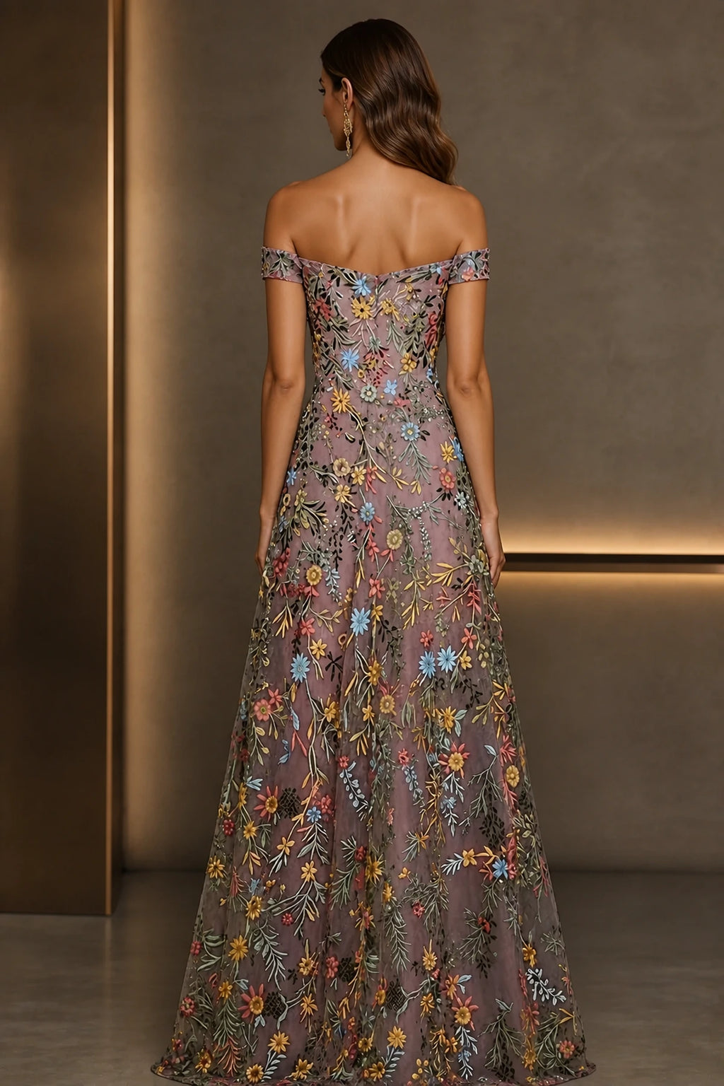 Back view of floral embroidered off shoulder floor-length wedding guest dress
