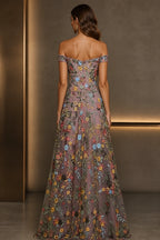 Back view of floral embroidered off shoulder floor-length wedding guest dress