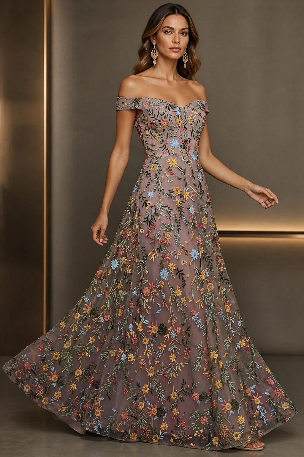 Romantic A-Line Sweetheart Off-Shoulder Embroidered Floor-Length Wedding Guest Dress