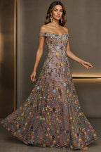 Romantic A-Line Sweetheart Off-Shoulder Embroidered Floor-Length Wedding Guest Dress