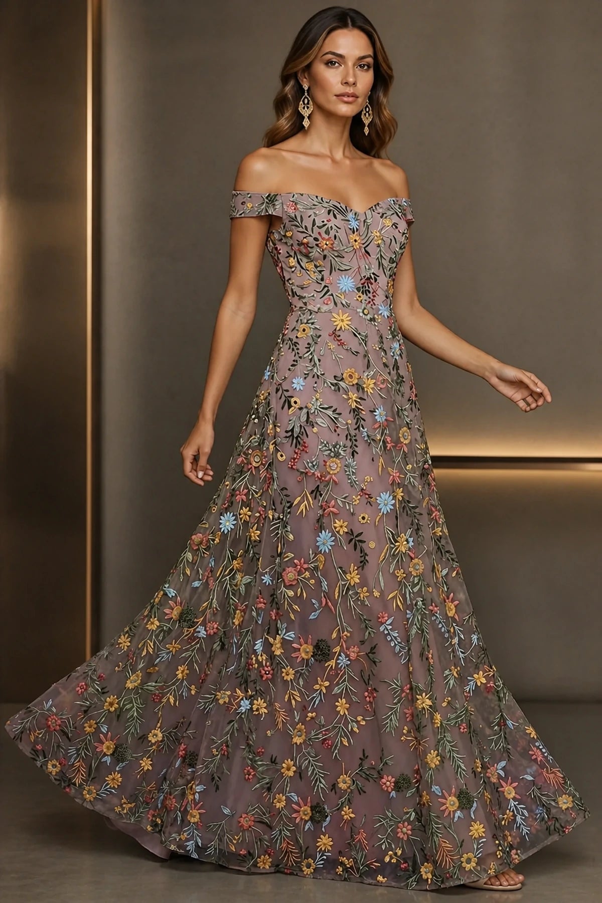 Romantic A-Line Sweetheart Off-Shoulder Embroidered Floor-Length Wedding Guest Dress
