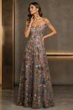 Romantic A-Line Sweetheart Off-Shoulder Embroidered Floor-Length Wedding Guest Dress
