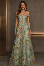 Romantic A-Line Sweetheart Off-Shoulder Embroidered Floor-Length Wedding Guest Dress