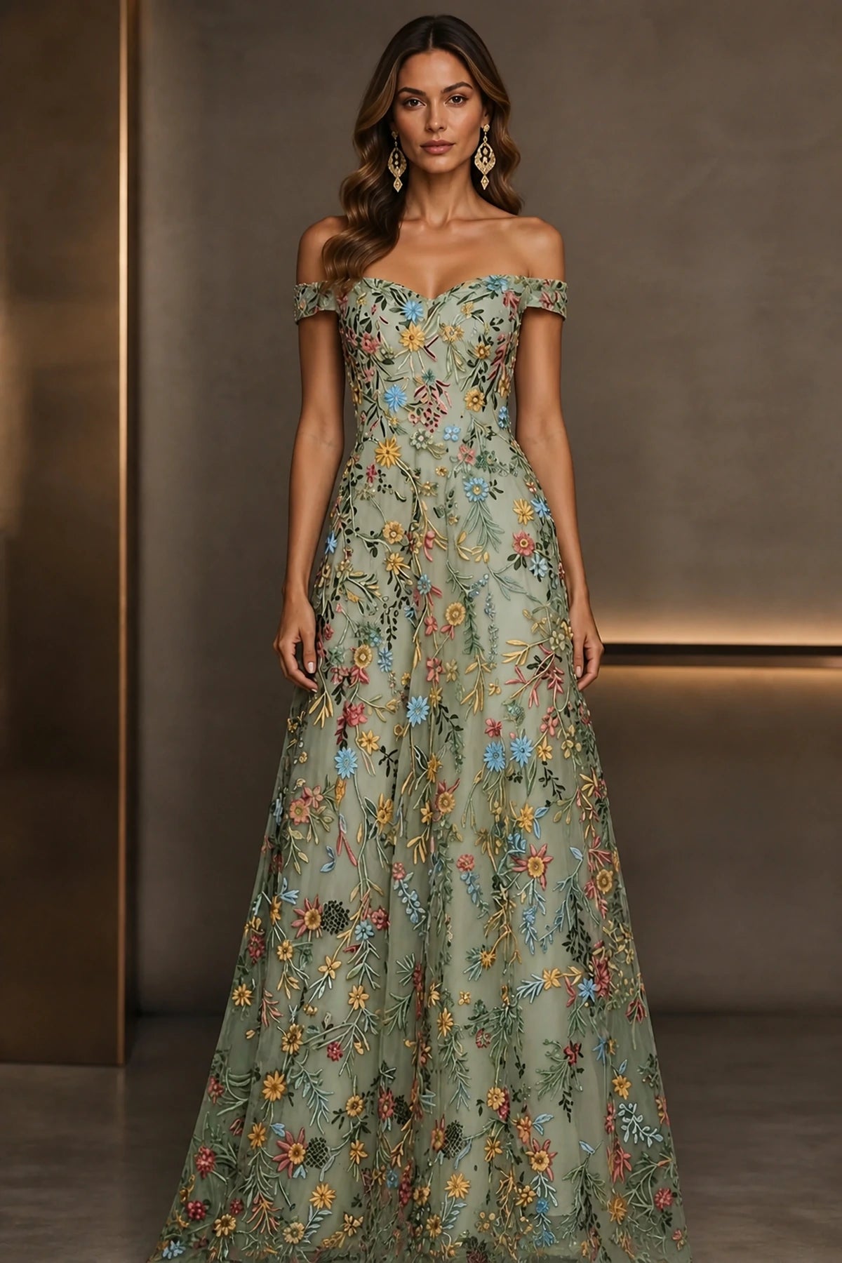 Romantic A-Line Sweetheart Off-Shoulder Embroidered Floor-Length Wedding Guest Dress