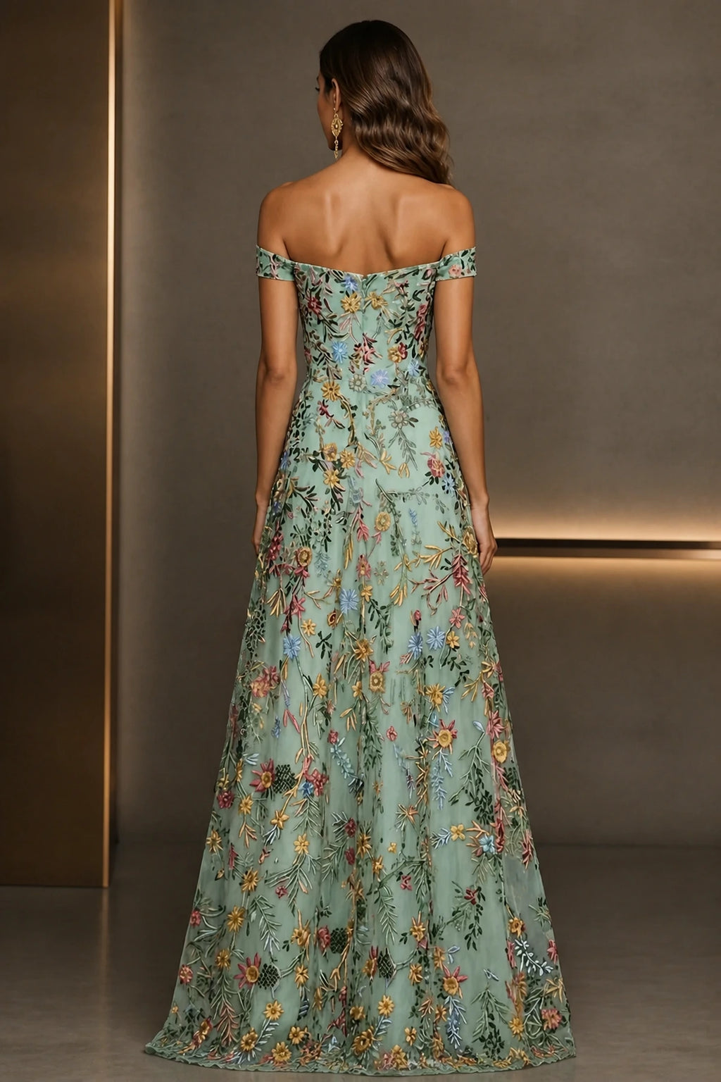 Romantic A-Line Sweetheart Off-Shoulder Embroidered Floor-Length Wedding Guest Dress
