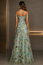 Romantic A-Line Sweetheart Off-Shoulder Embroidered Floor-Length Wedding Guest Dress