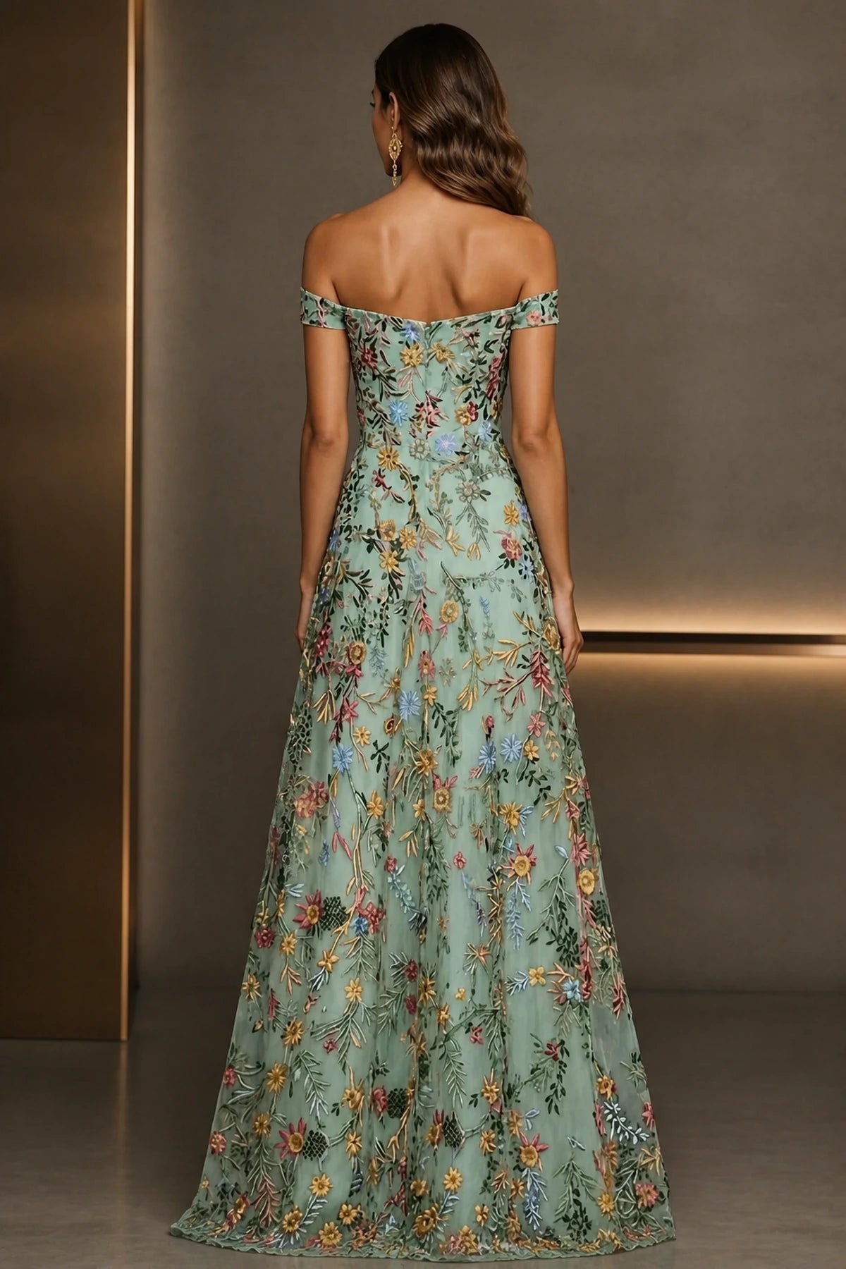 Romantic A-Line Sweetheart Off-Shoulder Embroidered Floor-Length Wedding Guest Dress