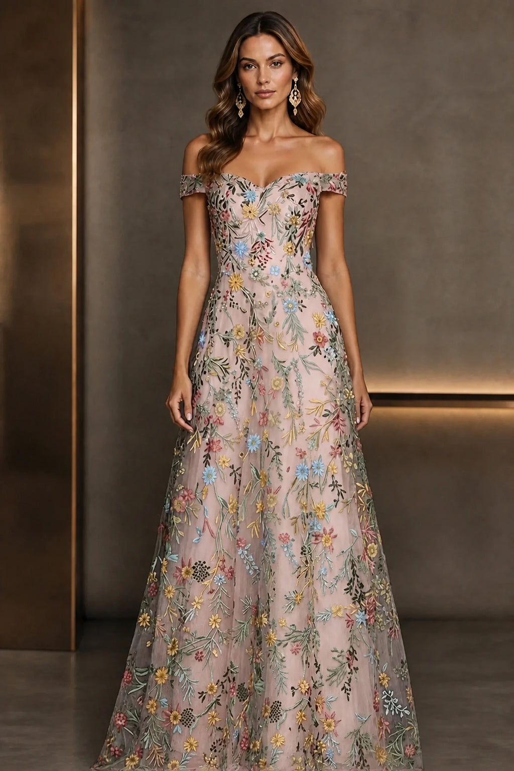 Romantic A-Line Sweetheart Off-Shoulder Embroidered Floor-Length Wedding Guest Dress