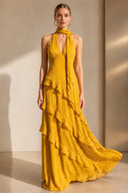 Romantic A-Line Scarf Halter Sleeveless Backless Floor-Length Wedding Guest Dress