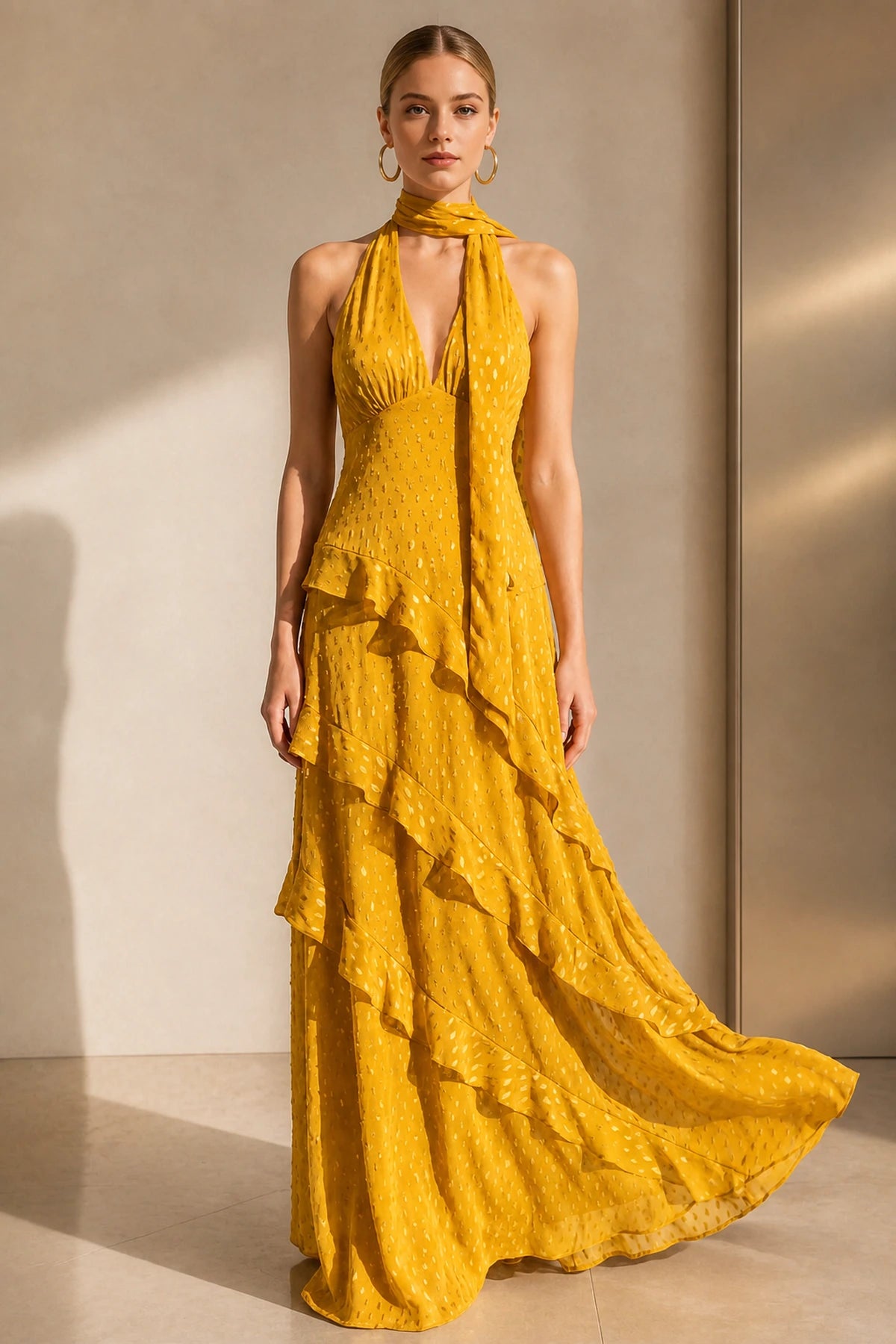 Romantic A-Line Scarf Halter Sleeveless Backless Floor-Length Wedding Guest Dress