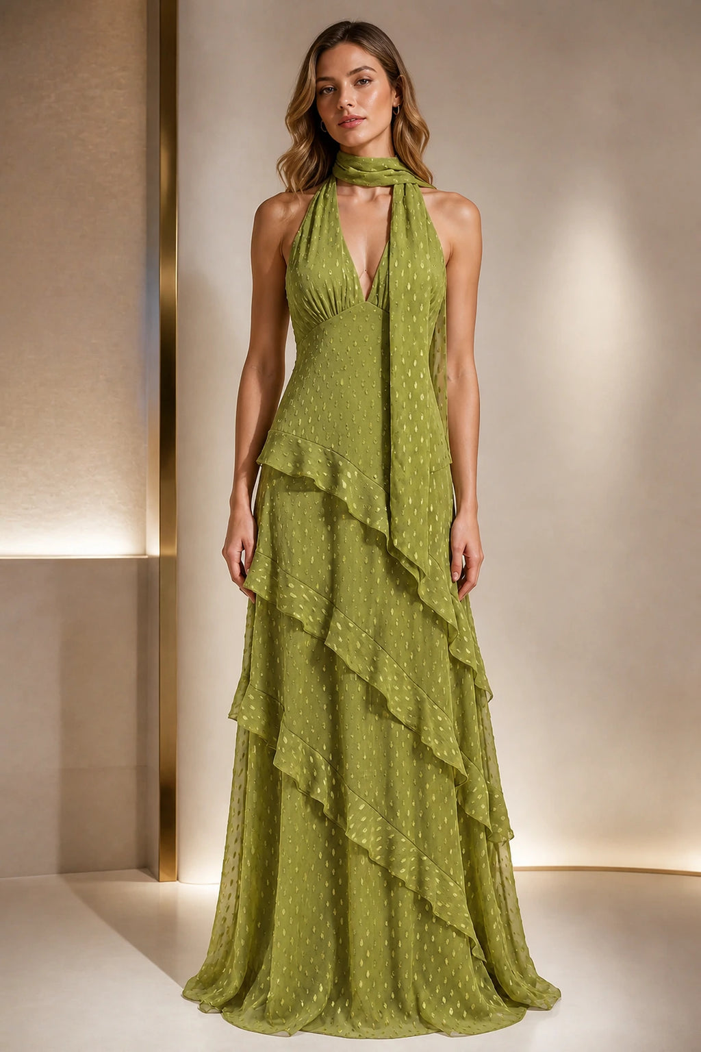 Olive green scarf halter A-line floor-length wedding guest dress with layered ruffles by Graceprom