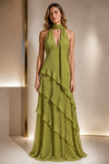 Olive green scarf halter A-line floor-length wedding guest dress with layered ruffles by Graceprom
