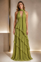 Olive green scarf halter A-line floor-length wedding guest dress with layered ruffles by Graceprom
