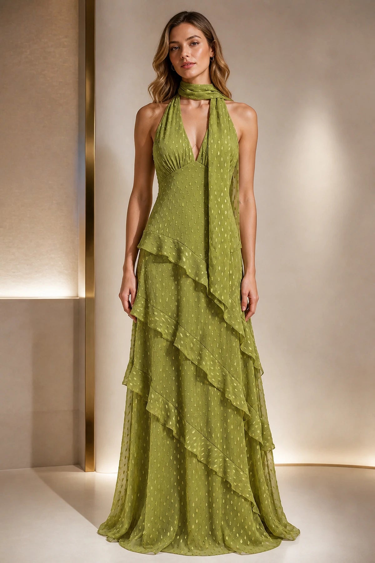 Olive green scarf halter A-line floor-length wedding guest dress with layered ruffles by Graceprom