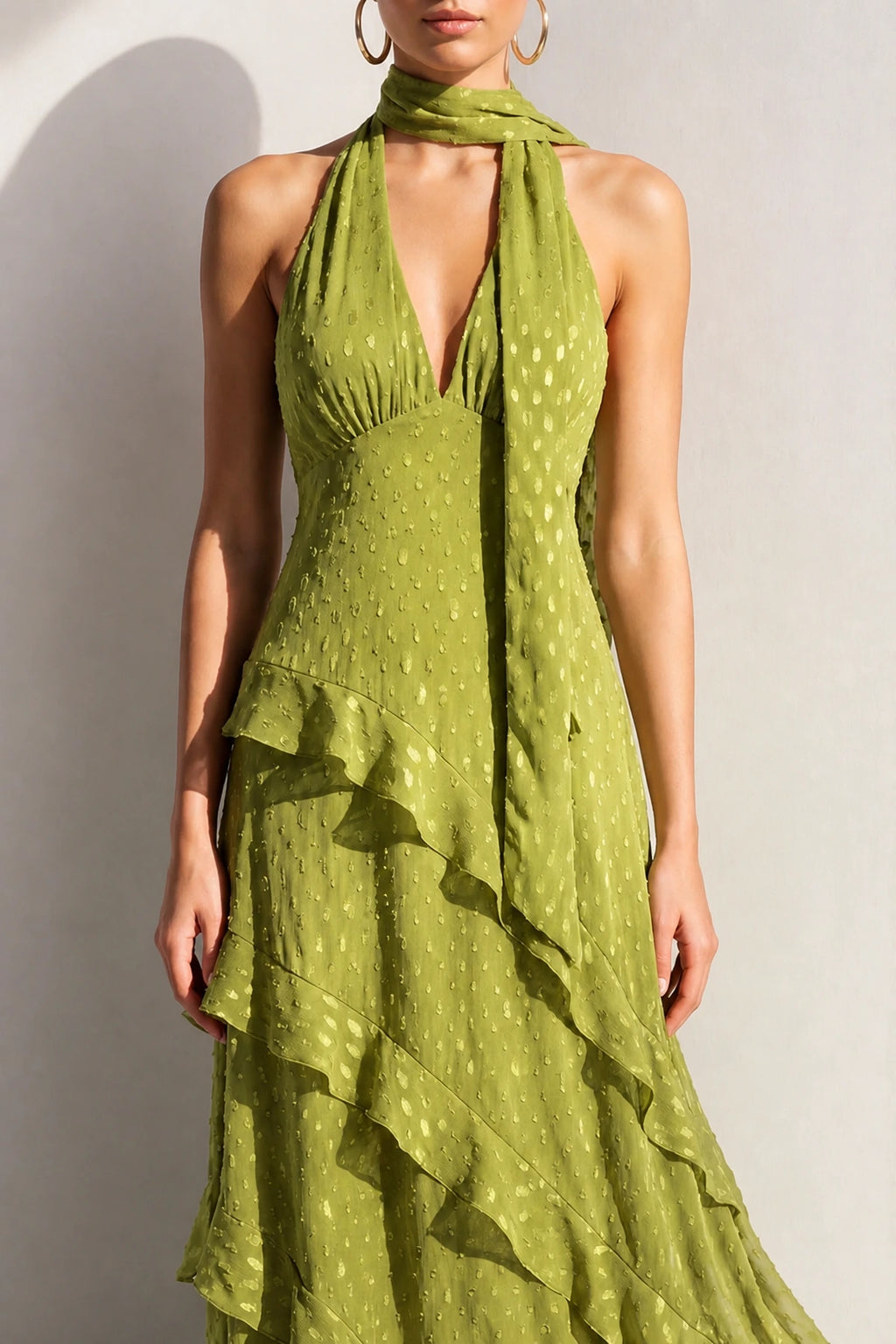Romantic A-Line Scarf Halter Sleeveless Backless Floor-Length Wedding Guest Dress