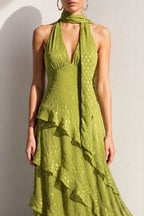 Romantic A-Line Scarf Halter Sleeveless Backless Floor-Length Wedding Guest Dress