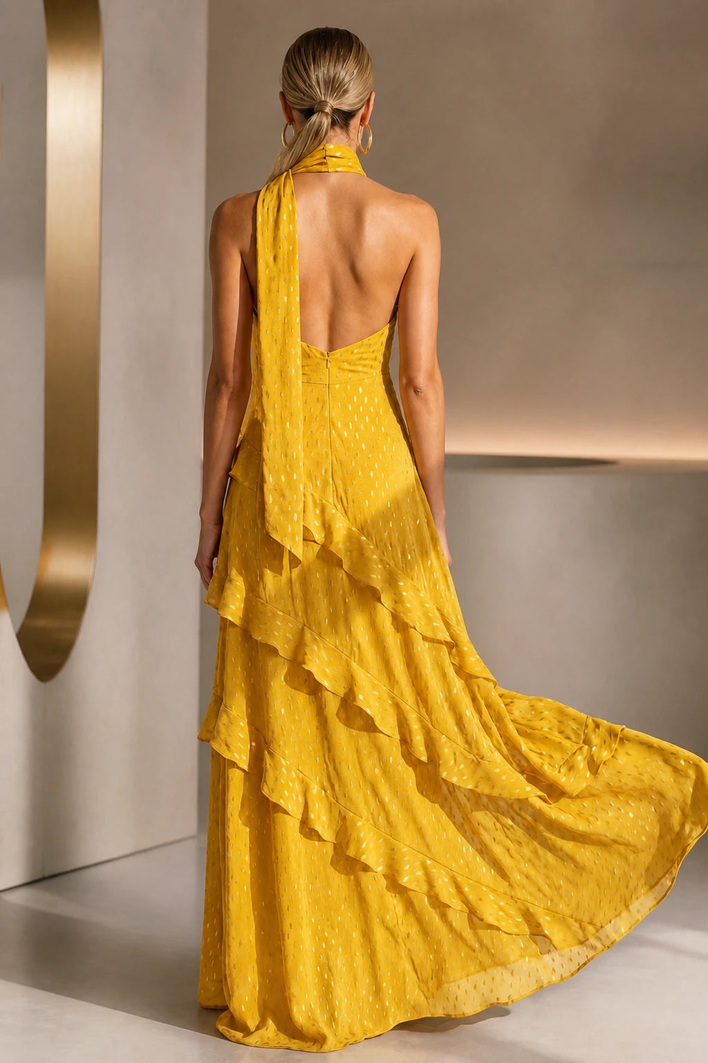 Romantic A-Line Scarf Halter Sleeveless Backless Floor-Length Wedding Guest Dress