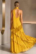 Romantic A-Line Scarf Halter Sleeveless Backless Floor-Length Wedding Guest Dress