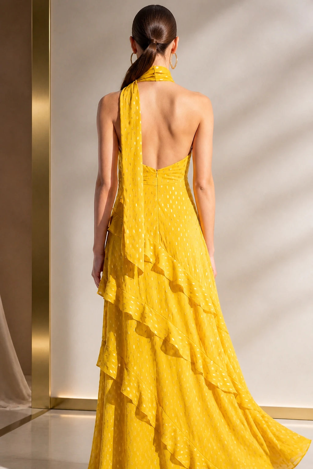 Romantic A-Line Scarf Halter Sleeveless Backless Floor-Length Wedding Guest Dress