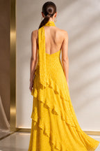 Romantic A-Line Scarf Halter Sleeveless Backless Floor-Length Wedding Guest Dress